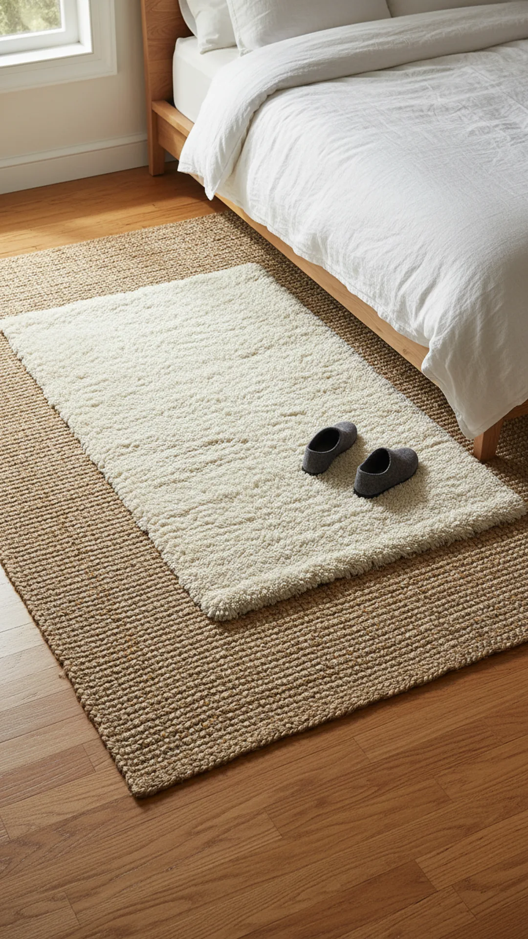 Plush wool area rug layered over jute grounding a cozy bedroom and extending beyond the bed