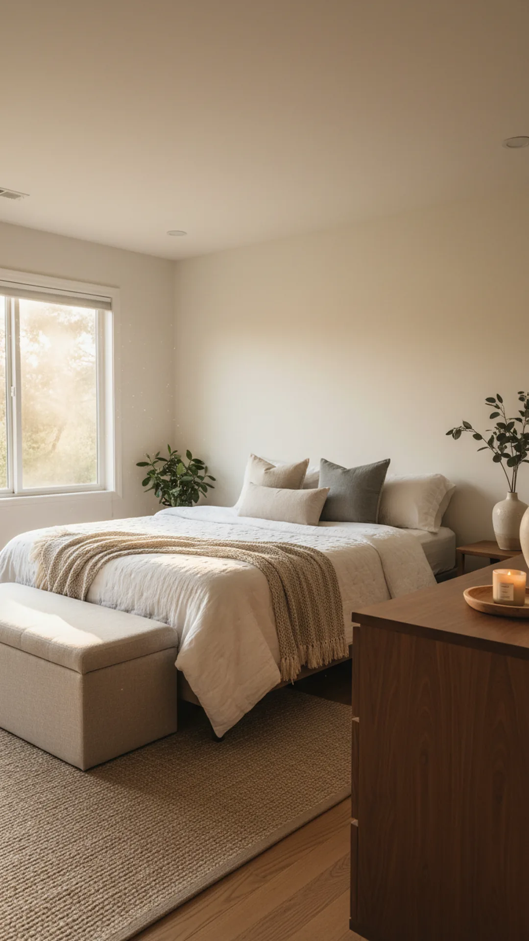 Decluttered storage in a cozy bedroom with a walnut dresser, storage bench, and clear counters