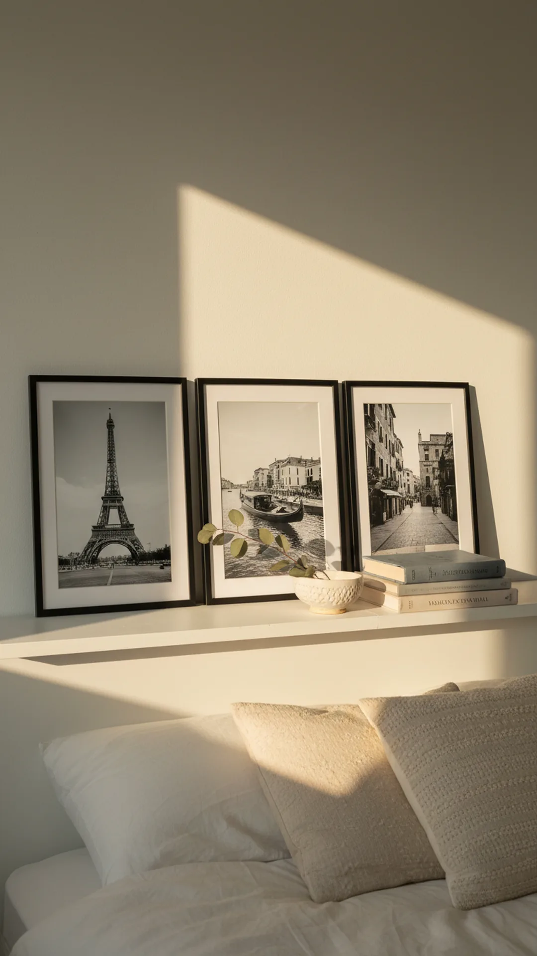 Personal story vignette on a picture ledge with black-and-white travel prints and favorite books