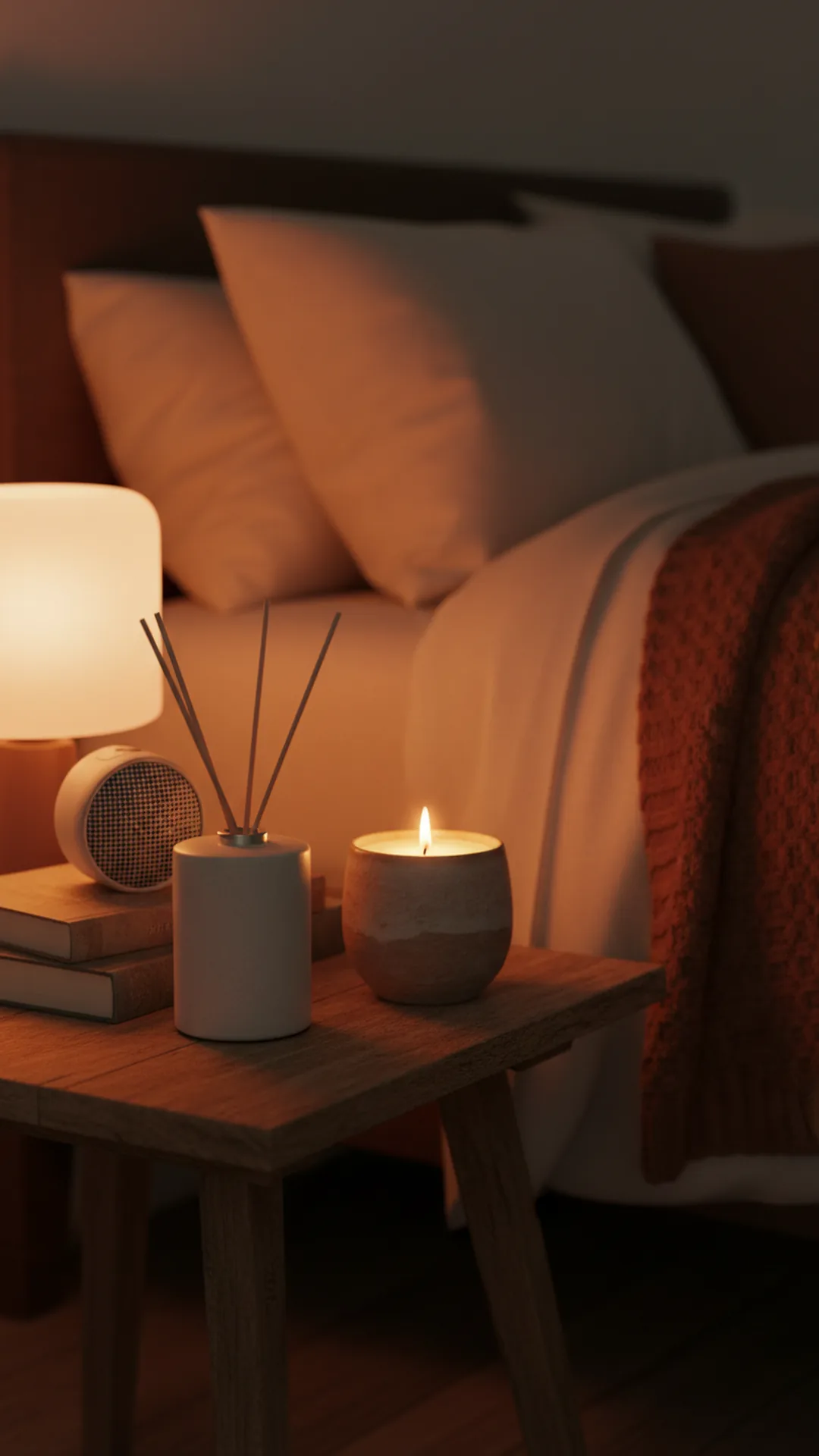 Bedside sensory setup with a ceramic diffuser, a candle, and a compact speaker in a cozy bedroom