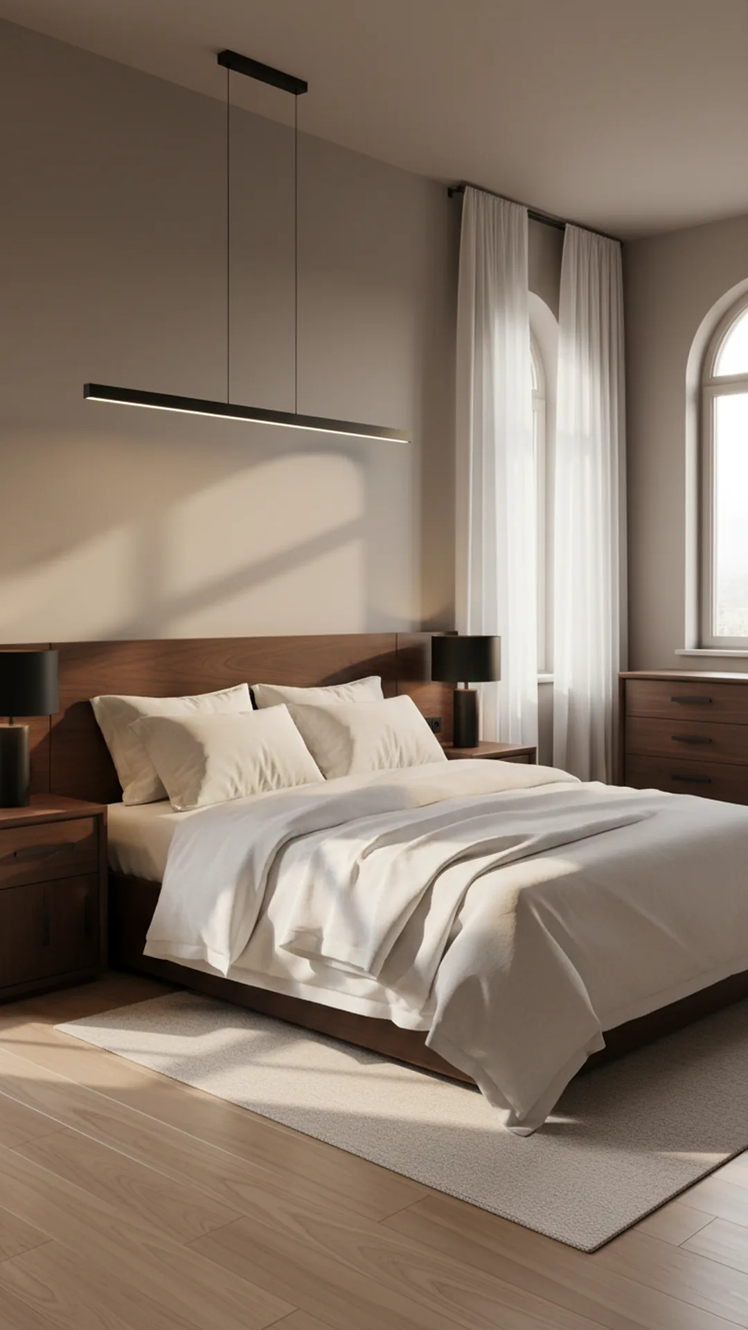Contrasted cozy bedroom with crisp white bedding against dark walnut furniture and matte black lighting