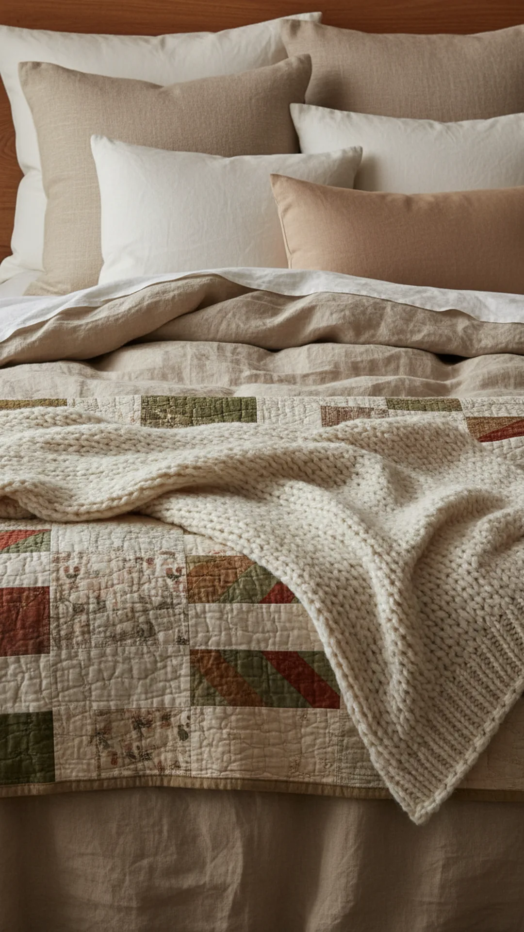 Beautifully layered bed with linen duvet, folded quilt, chunky throw, and mixed pillow sizes
