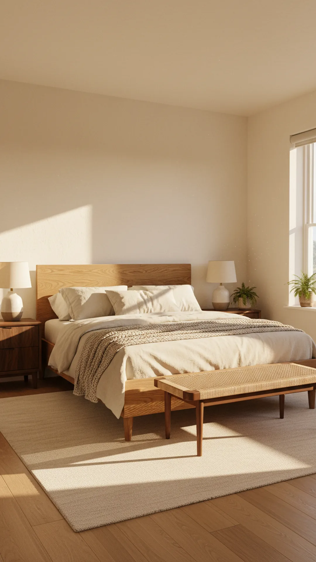Warm natural wood tones with an oak bed, walnut nightstands, and a woven cane bench in a cozy bedroom