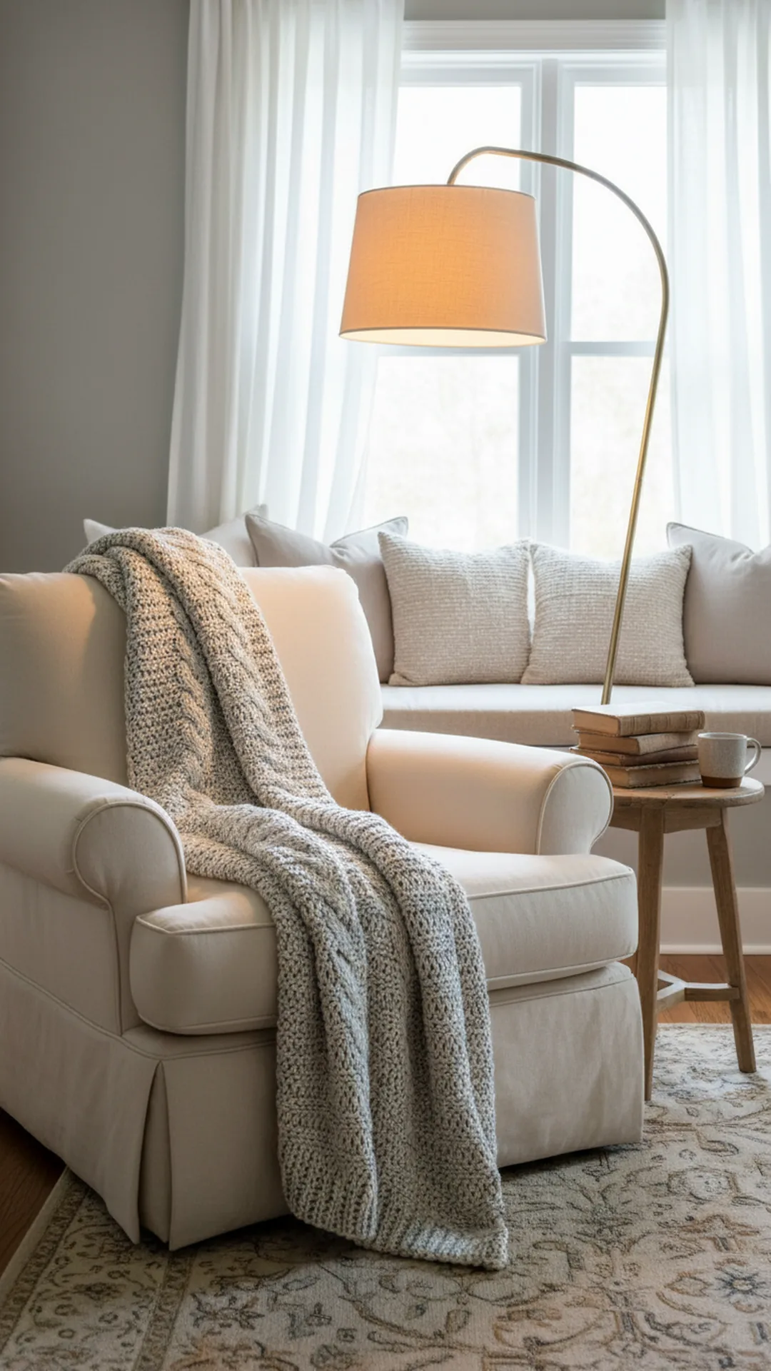 Cozy reading corner with a soft upholstered armchair, knit throw, floor lamp, and a stack of books