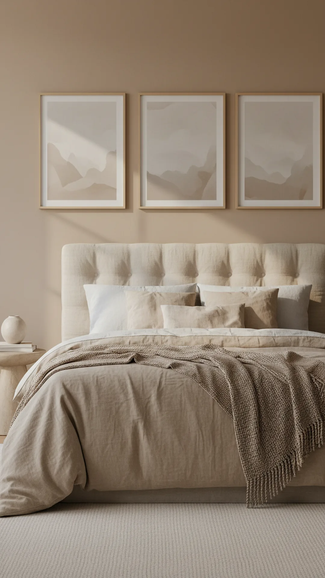 Balanced trio of neutral abstract prints in thin frames hung above an upholstered bed