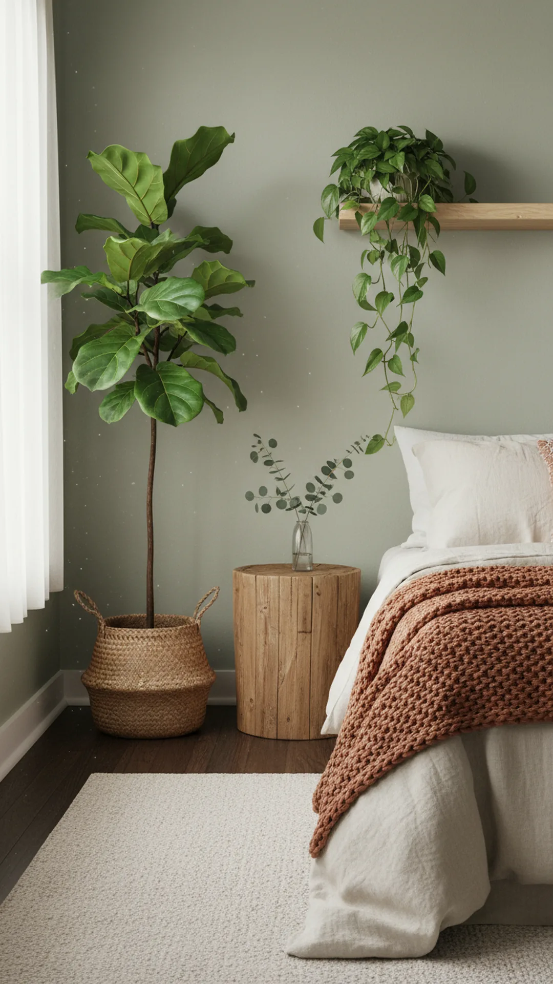 Live greenery in a cozy bedroom with a tall potted plant, a trailing pothos, and a eucalyptus stem