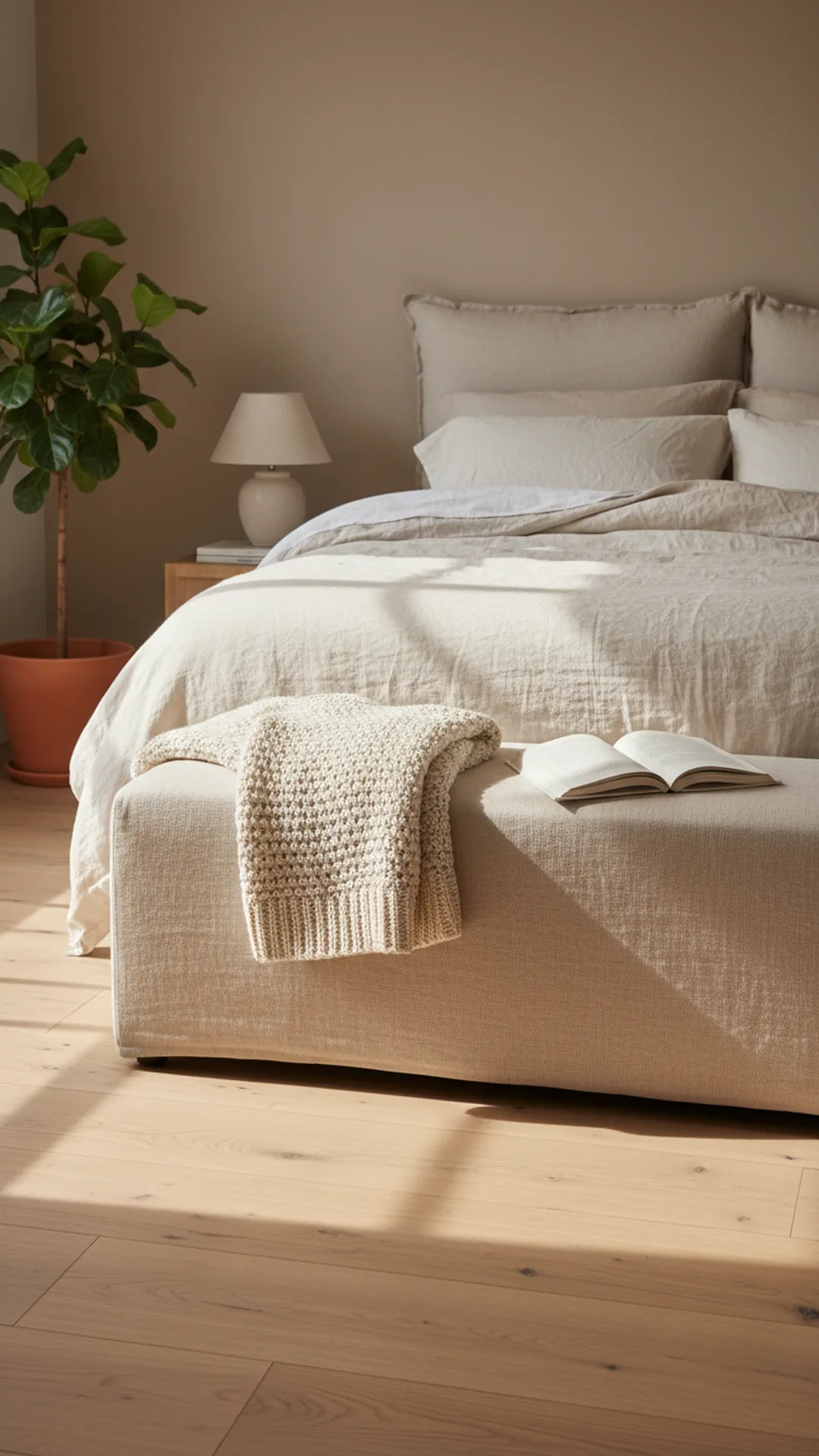 Upholstered linen bench at the foot of a bed with a folded throw and a book in a cozy bedroom