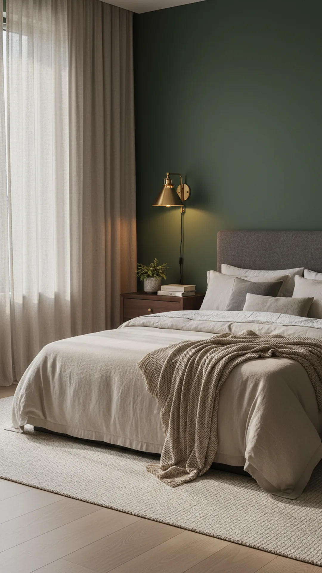 Deep olive green painted accent wall behind a bed with brass sconces and dark wood nightstands