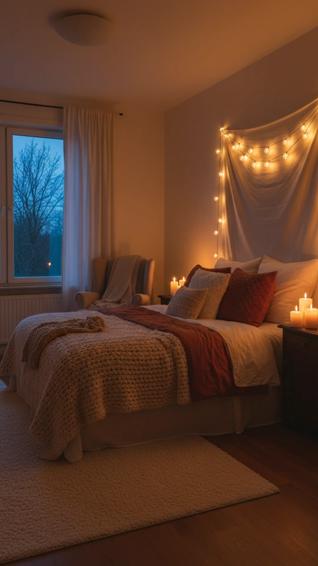 Soft ambient string and candle light in a cozy bedroom at dusk with a warm golden glow