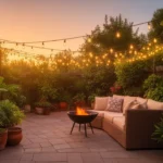 Cozy budget backyard patio glowing at golden hour