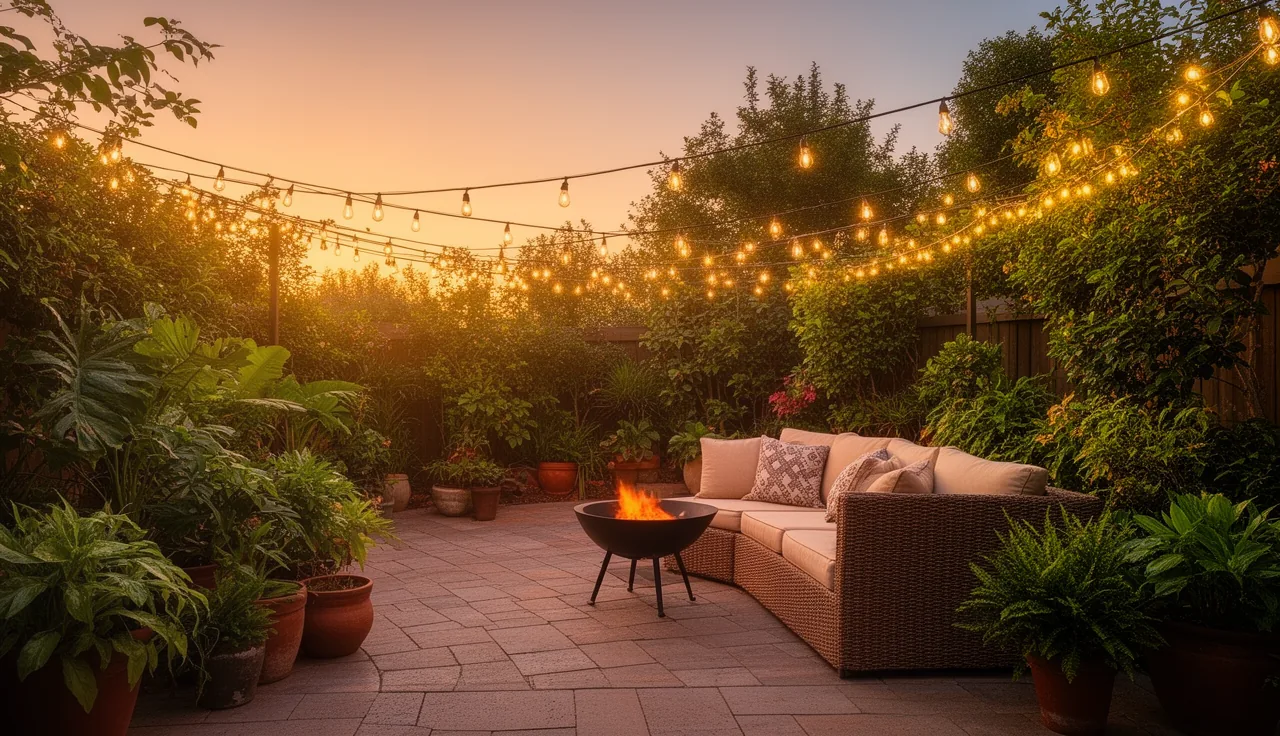 Cozy budget backyard patio glowing at golden hour