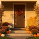 Cozy fall front yard with tall dried corn stalk bundles and pumpkins