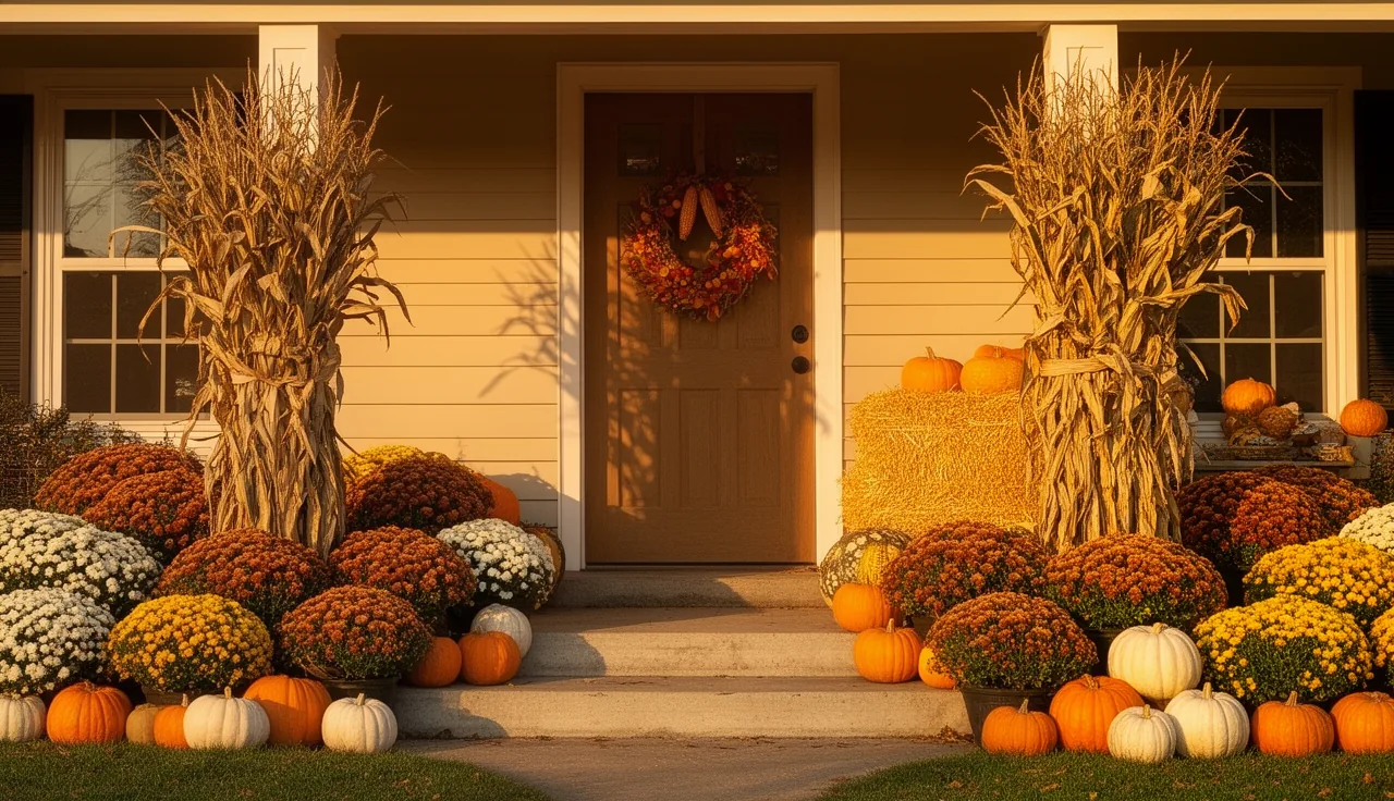 Cozy fall front yard with tall dried corn stalk bundles and pumpkins