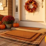 Fall front porch with a layered doormat, mums, and pumpkins