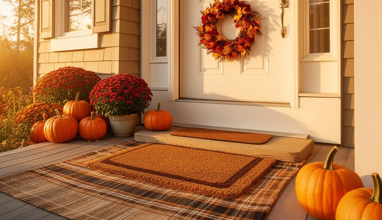 Fall front porch with a layered doormat, mums, and pumpkins