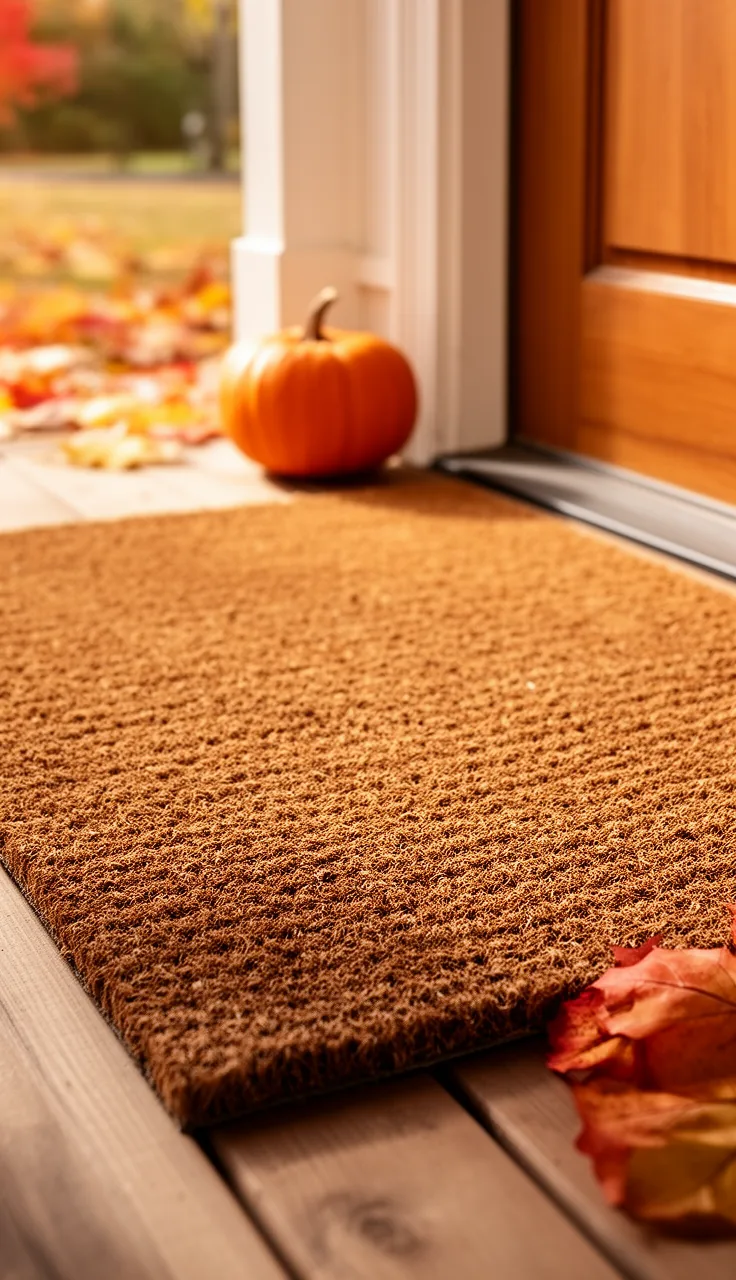 Classic natural coir doormat on a fall front porch
