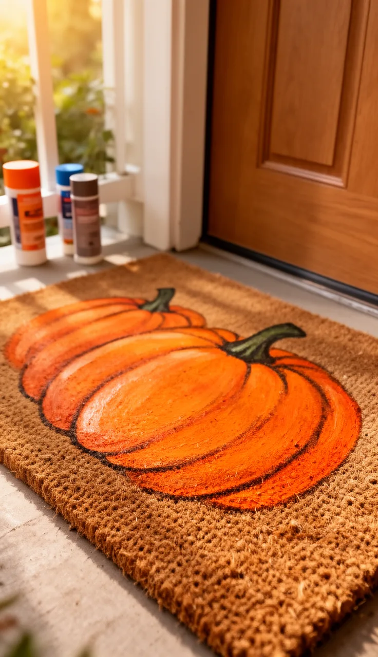DIY painted pumpkin fall doormat on a porch