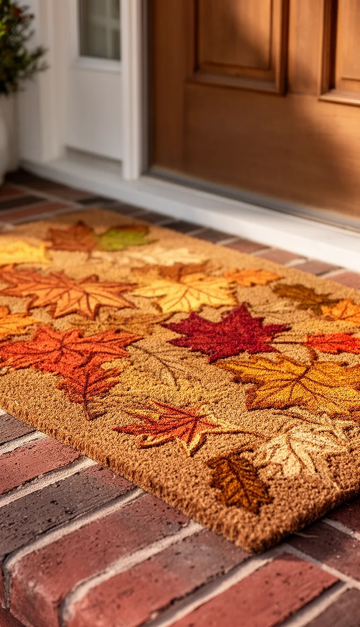 Leaf-print fall doormat on a brick stoop