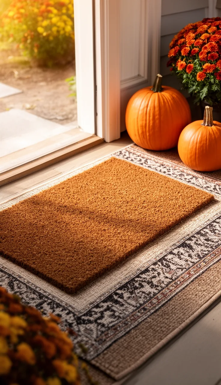 Layered doormat with a patterned rug under a coir mat