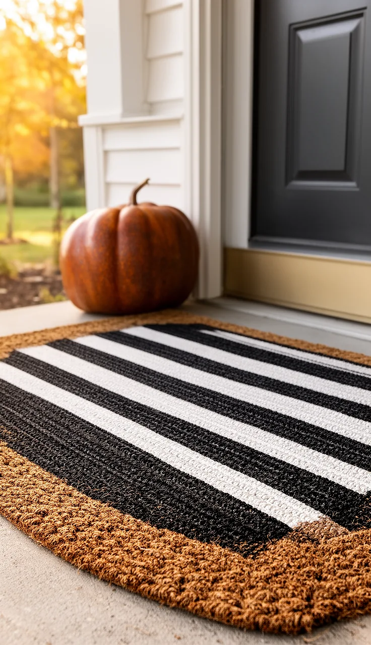 Black-and-white fall doormat on a modern farmhouse porch