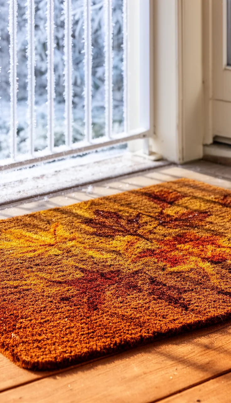 All-weather outdoor fall doormat on an exposed porch