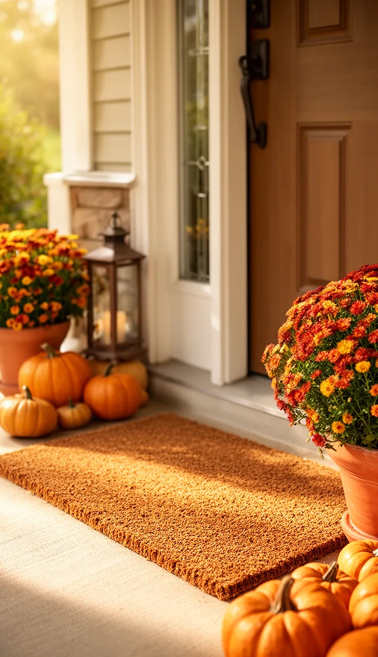 Fall porch styled around the doormat