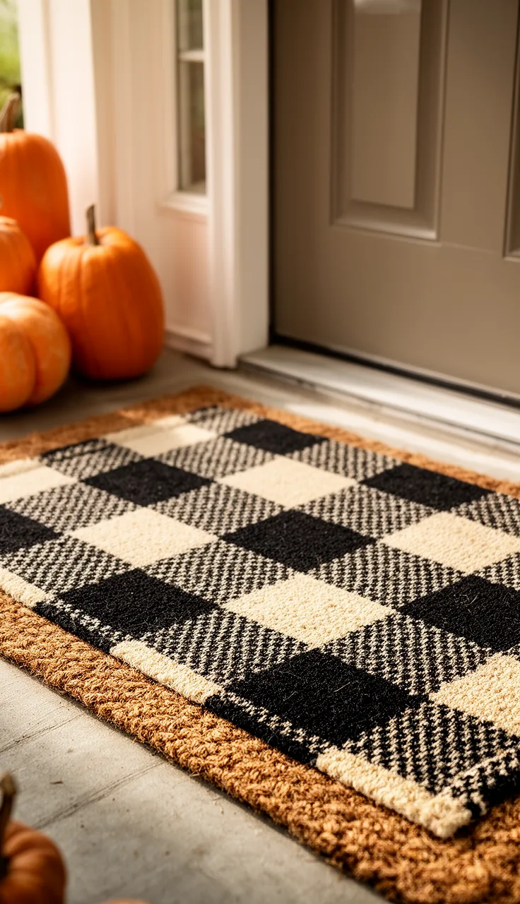 Buffalo plaid fall doormat on a farmhouse porch