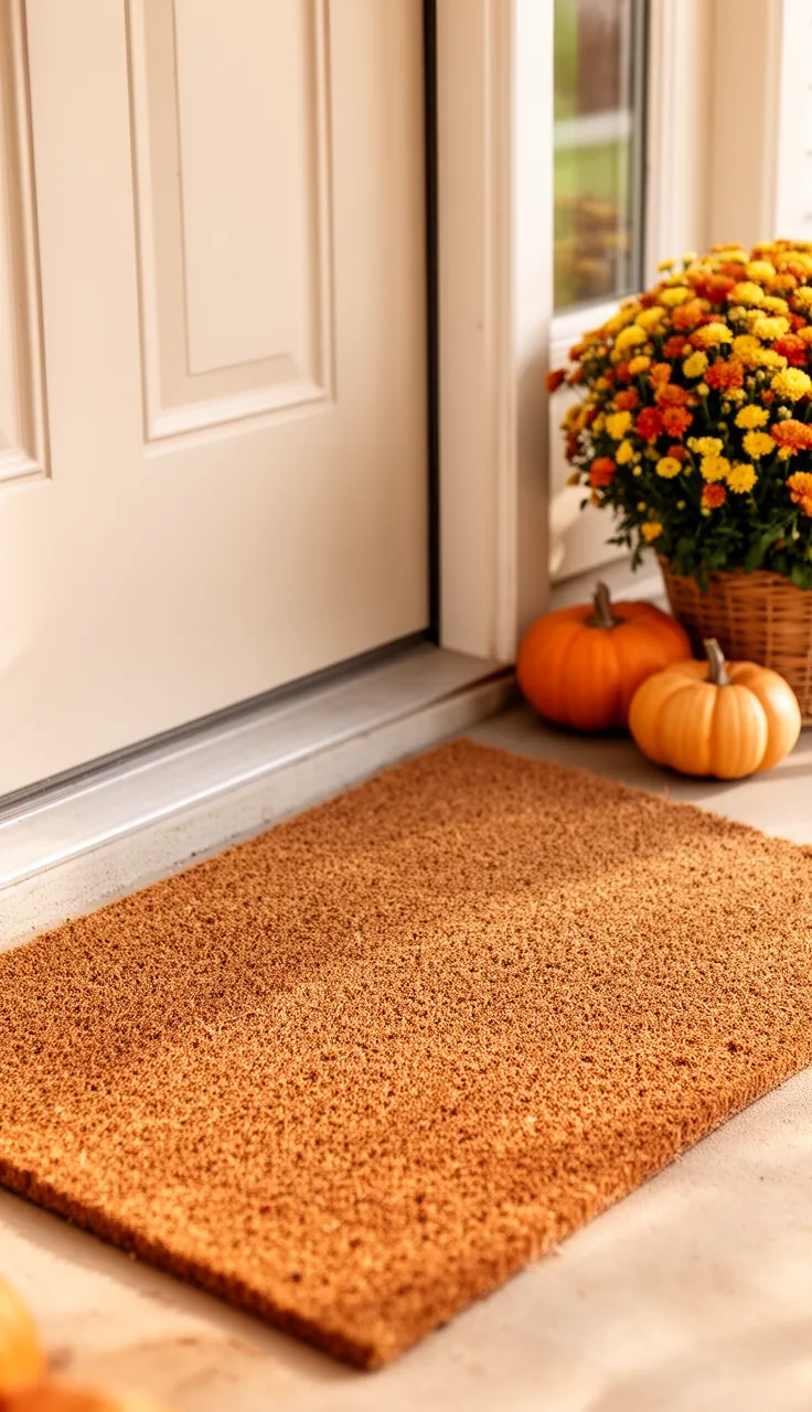 Playful welcoming fall doormat vignette on a front porch