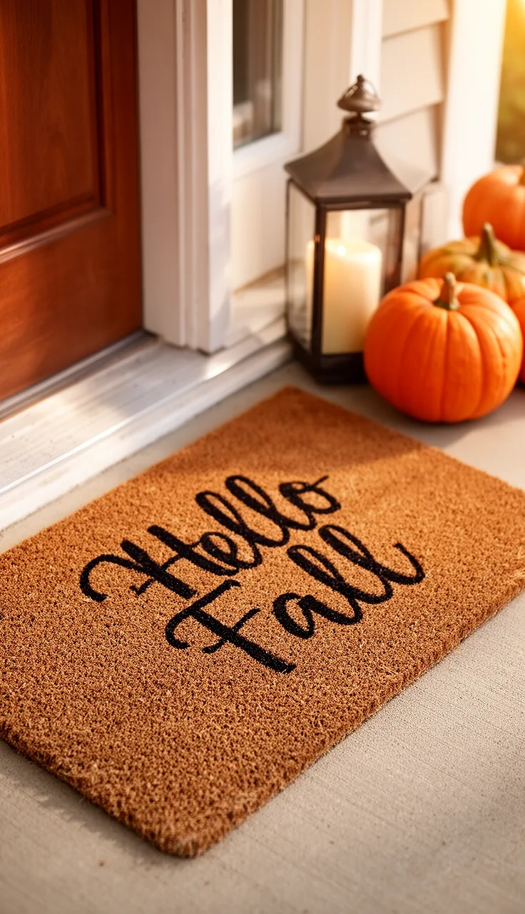 Hello Fall welcome mat on a front porch