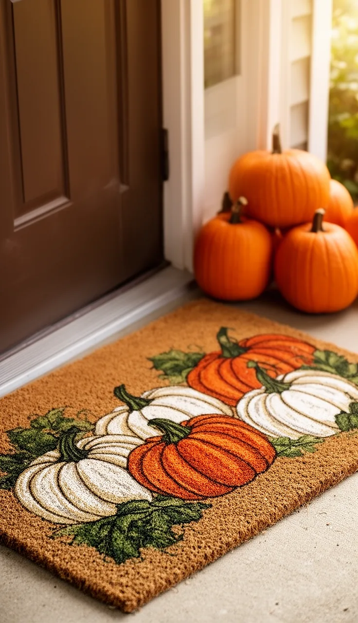 Pumpkin-motif fall doormat with real pumpkins