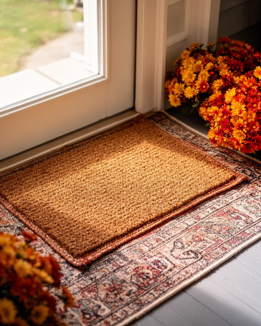 Layered doormat with a patterned rug