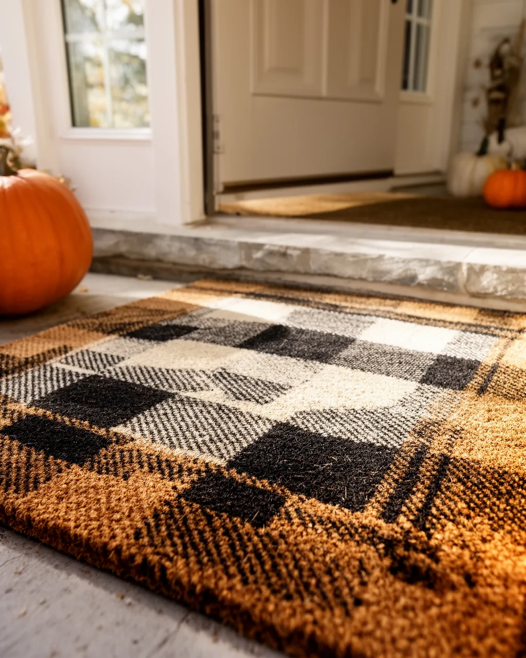 Buffalo plaid doormat on a farmhouse porch
