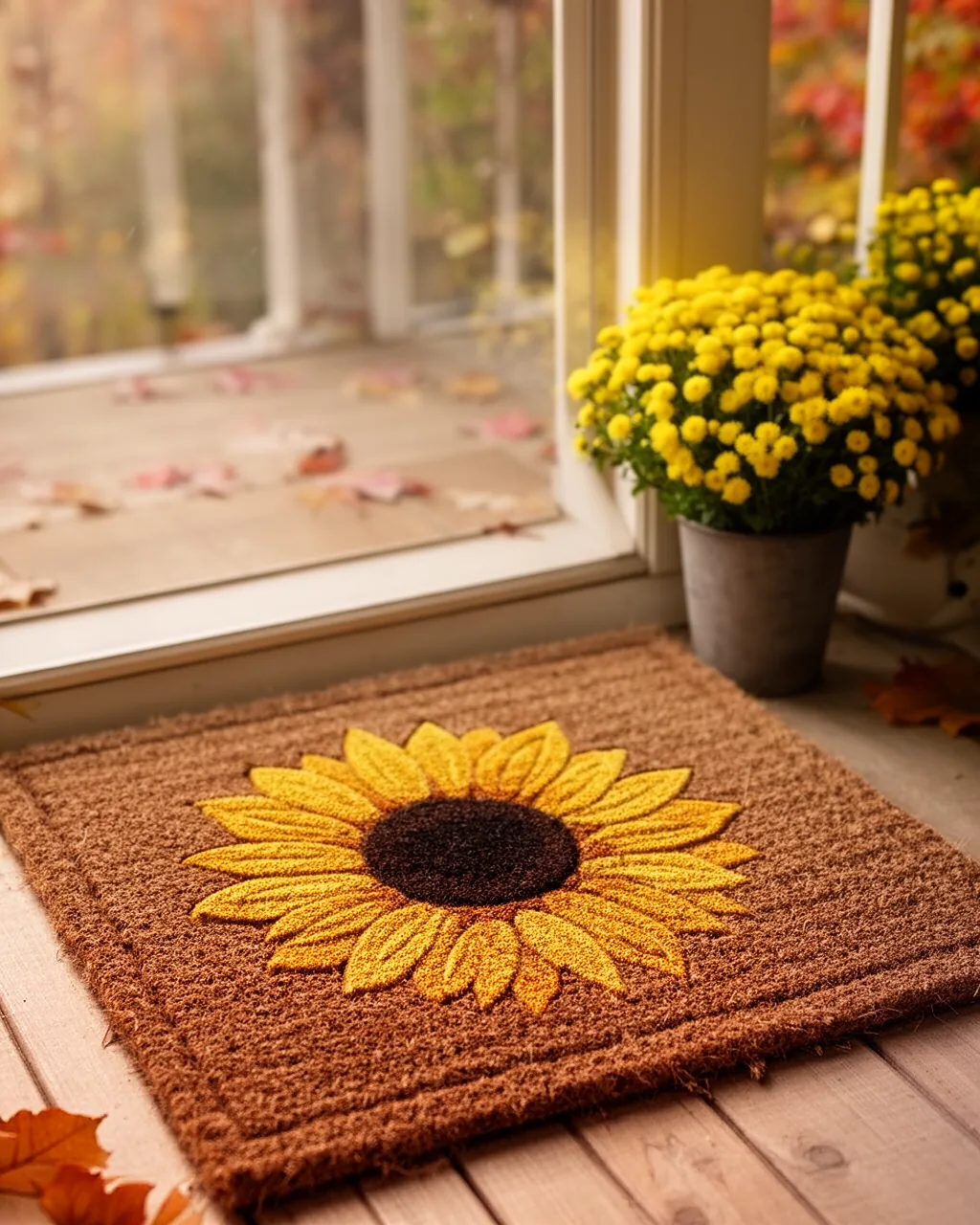 Sunflower doormat on an early fall porch