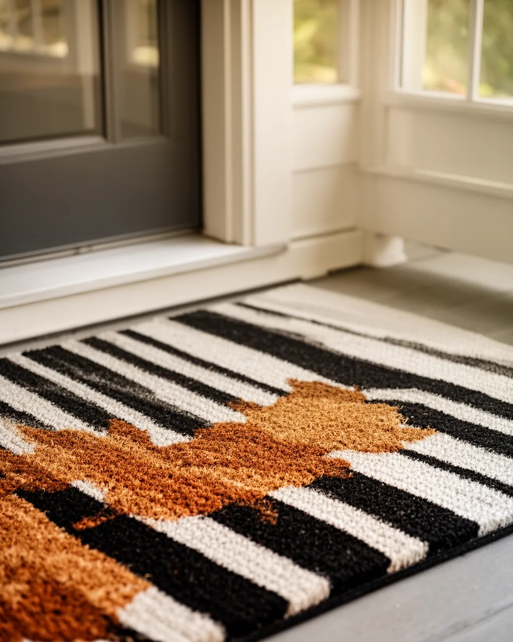 Black-and-white striped fall doormat
