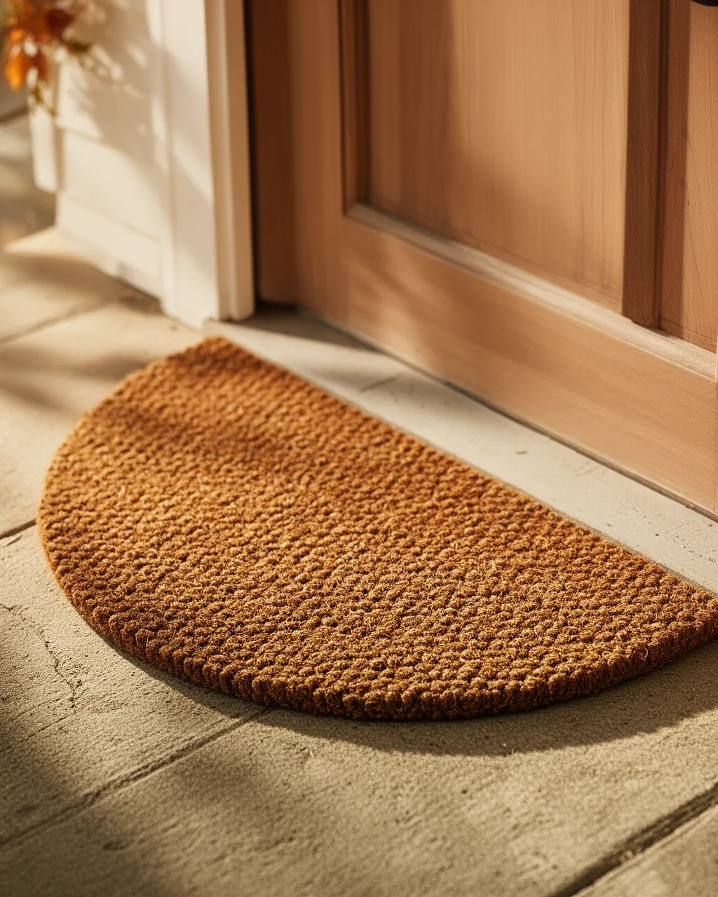 Half-round doormat on a small stoop