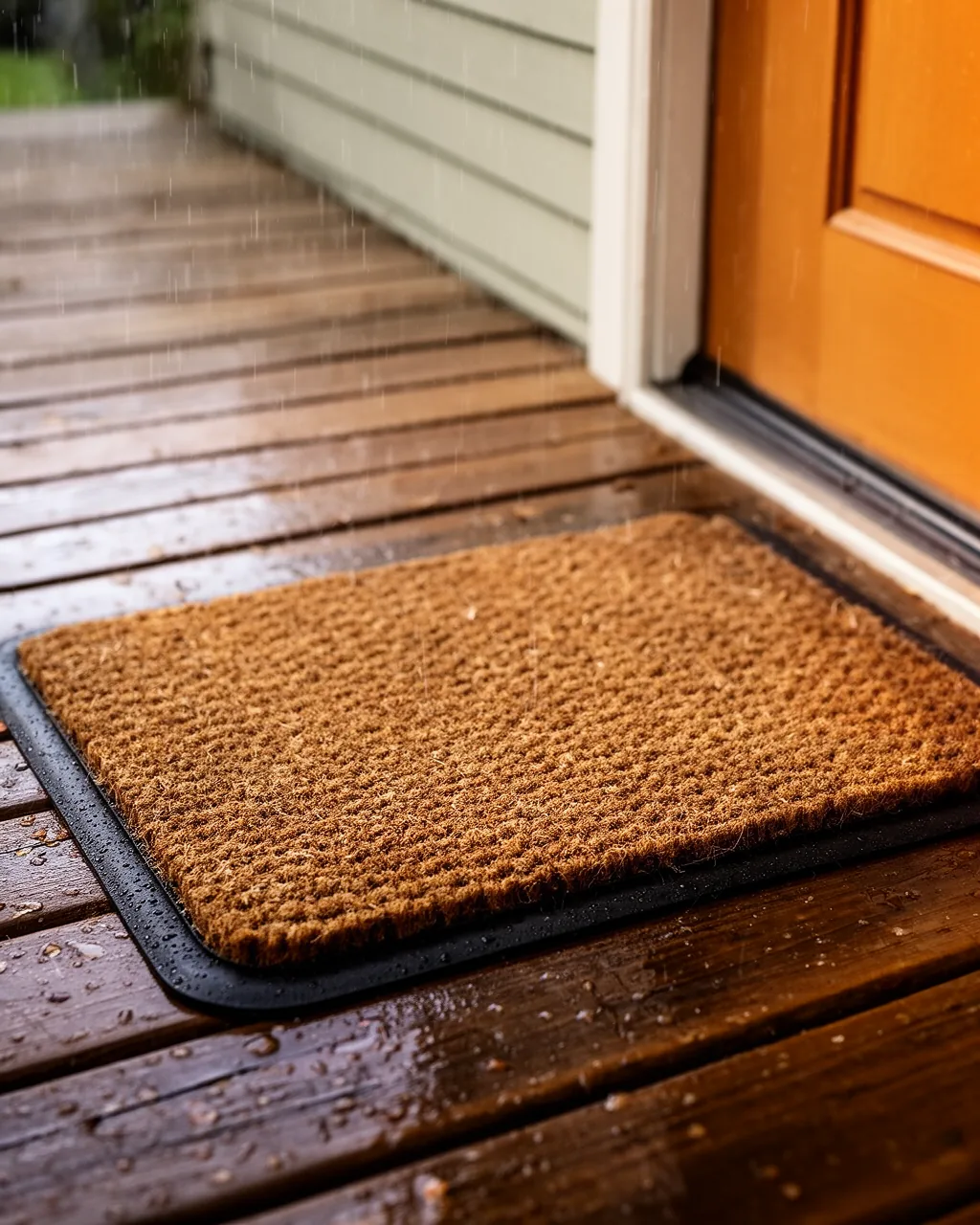 Rubber-backed doormat on a wet porch