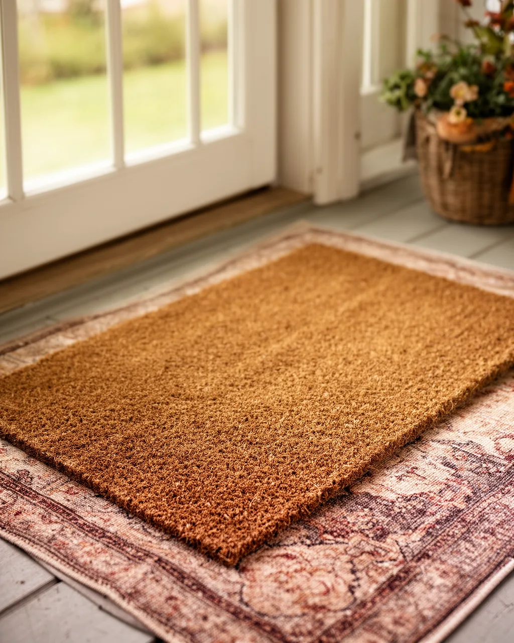 Layered doormat over a vintage rug