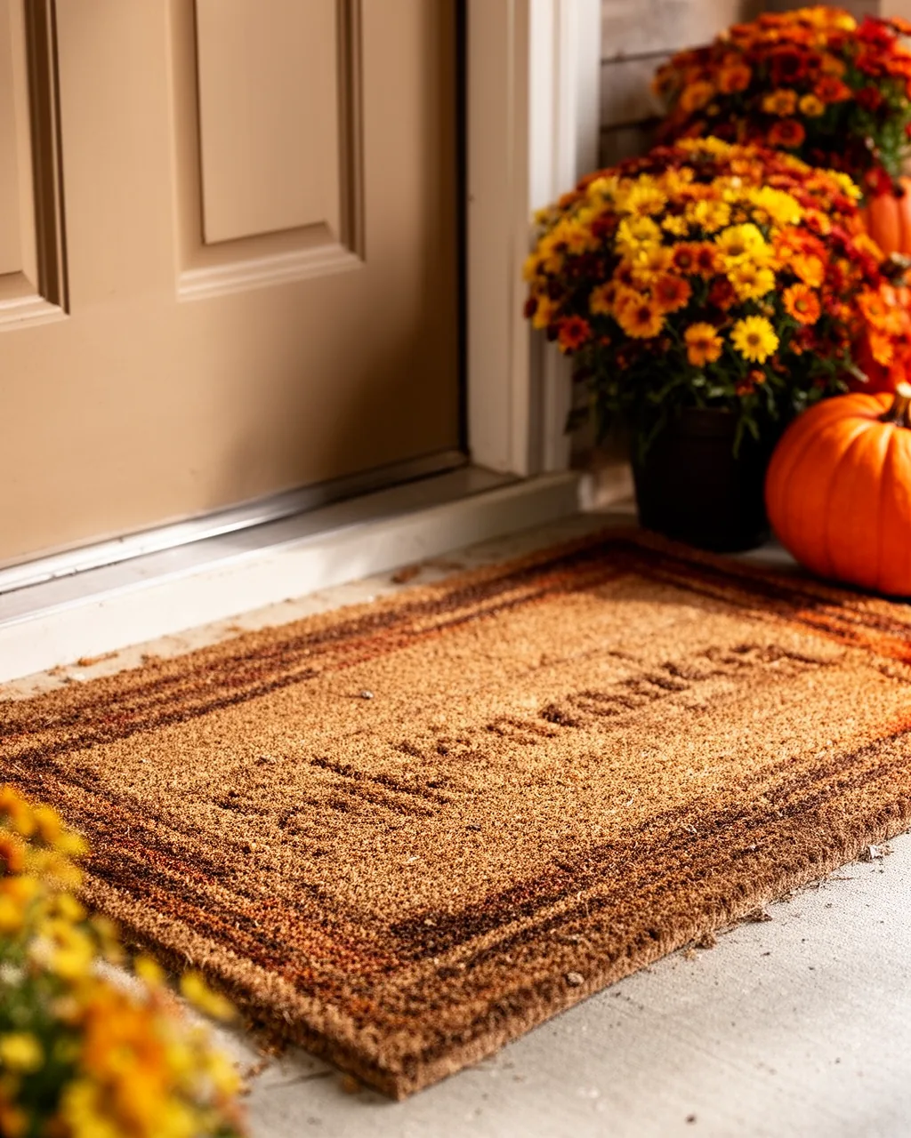 Fall porch styled around the doormat