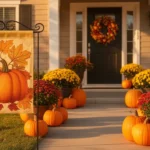 Fall front yard with a decorative garden flag, mums, and pumpkins
