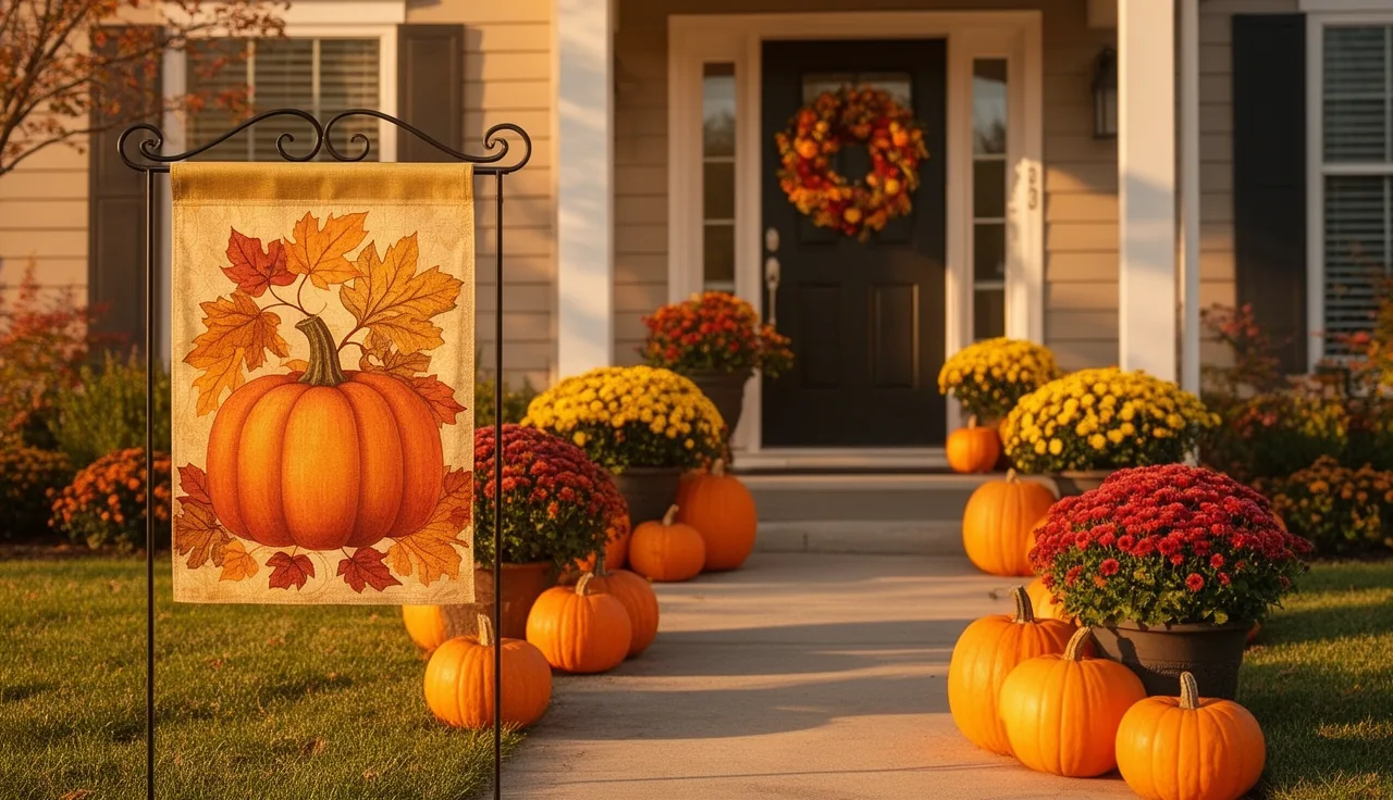 Fall front yard with a decorative garden flag, mums, and pumpkins