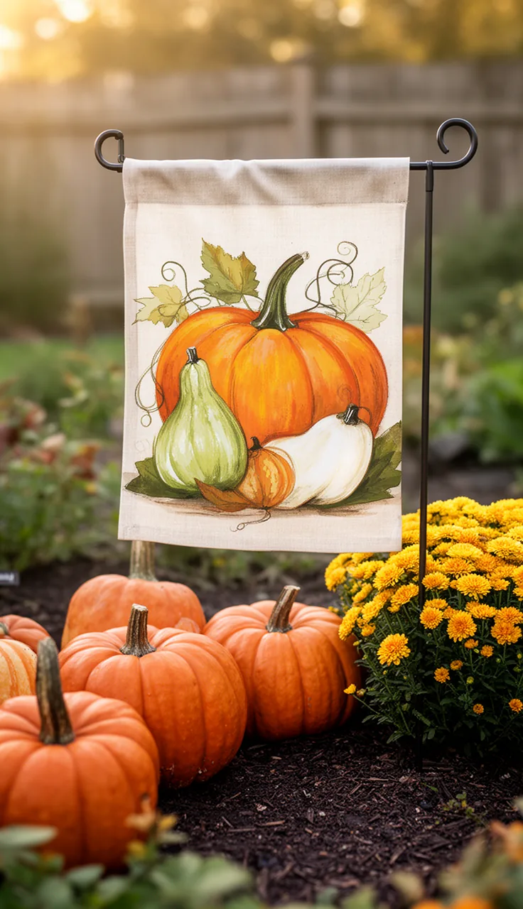Classic pumpkin fall garden flag in a garden bed