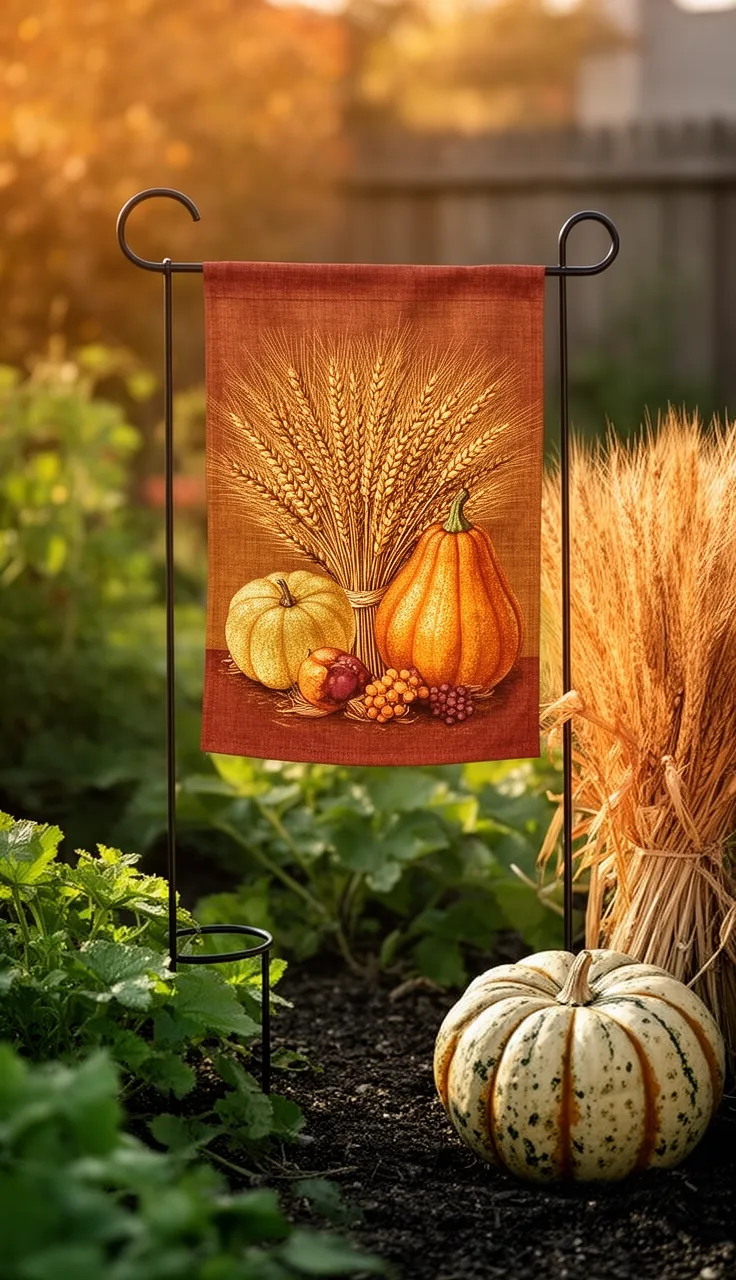 Thanksgiving harvest fall garden flag in a garden