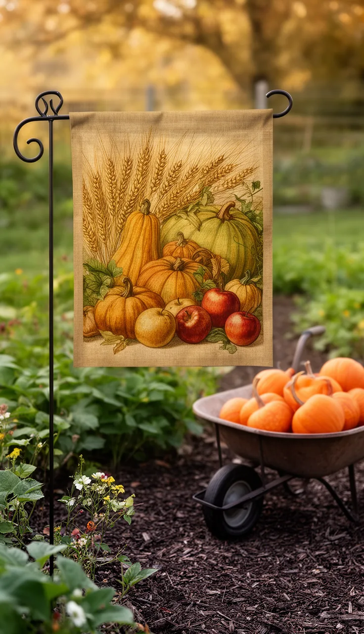 Harvest fall garden flag with gourds and wheat