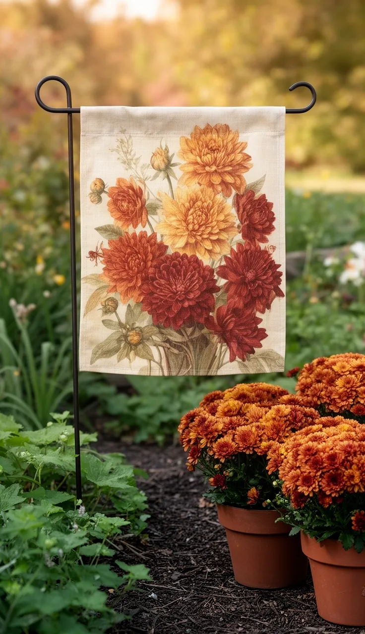 Mums and florals fall garden flag in a cottage garden