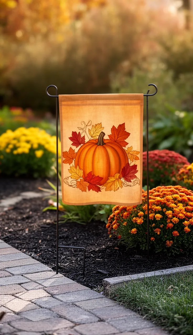 Double-sided fall garden flag at a garden corner