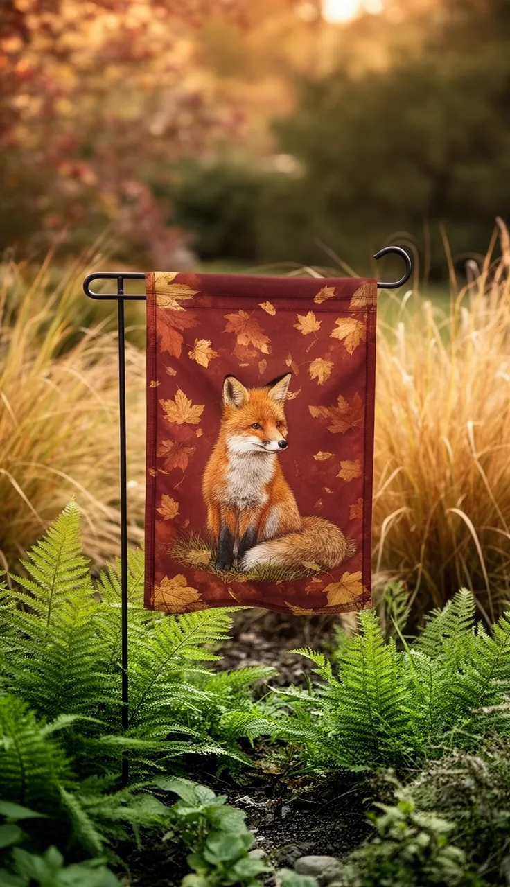 Woodland fox fall garden flag among ferns