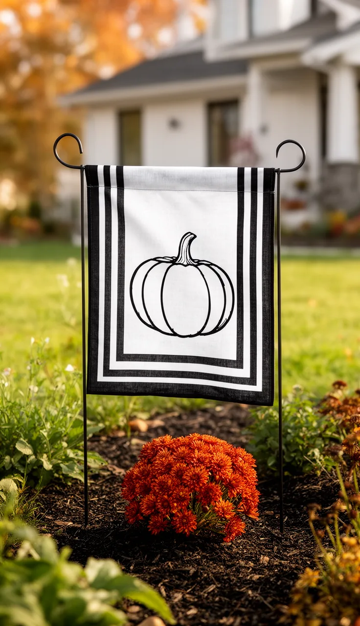 Black-and-white fall garden flag in a modern farmhouse yard