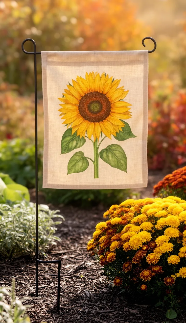 Sunflower fall garden flag in an early fall garden