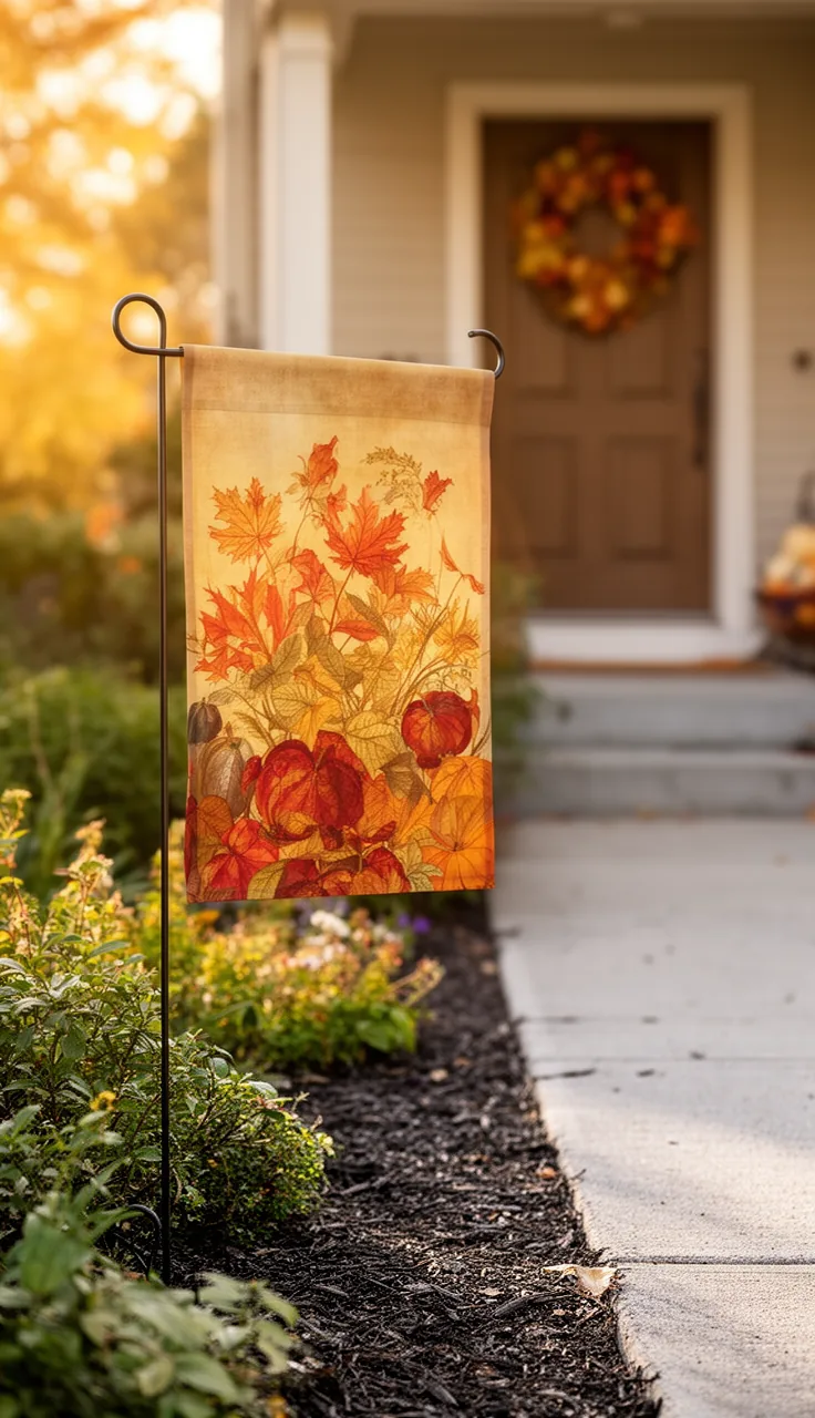 Fall garden flag coordinated with a front door wreath