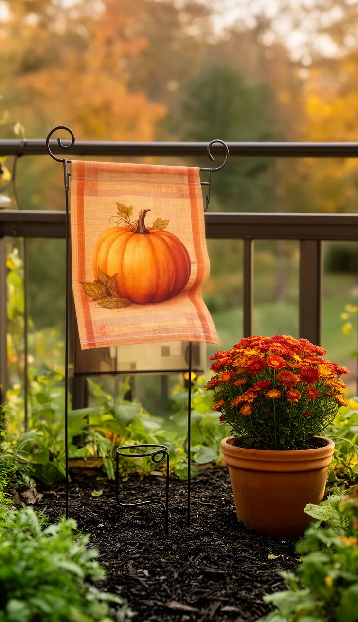 Small-space fall garden flag on a balcony railing